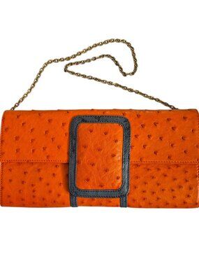 Orange & Gray Ostrich Leather Clutch Gold Chain Strap Sleek Design